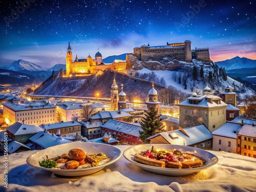 Salzburg Winter Night Panorama: Delicious Austrian Food & Cityscape
