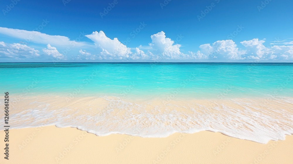 Tropical beach scene, calm waves lapping shore, clear turquoise water, fluffy clouds Tropical beach scene, calm waves lapping shore, clear turquoise water, fluffy clouds