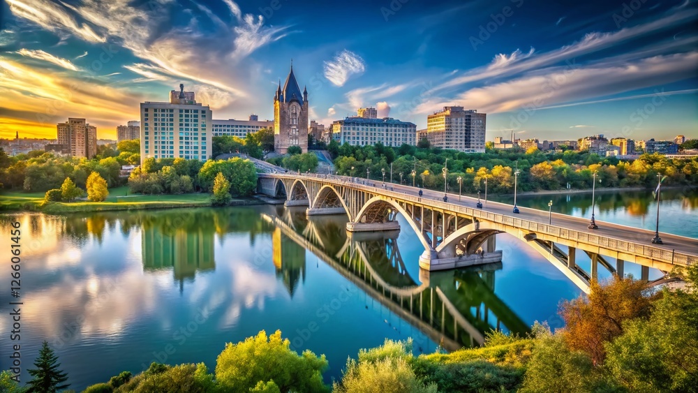 Obraz premium Saskatoon Skyline Bridge Saskatchewan River Panoramic View