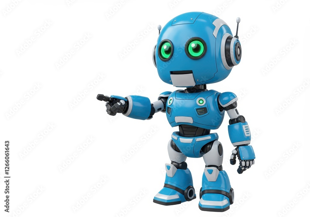 Cute robot with a futuristic design standing upright and pointing isolated on white background Cute robot with a futuristic design standing upright and pointing isolated on white background