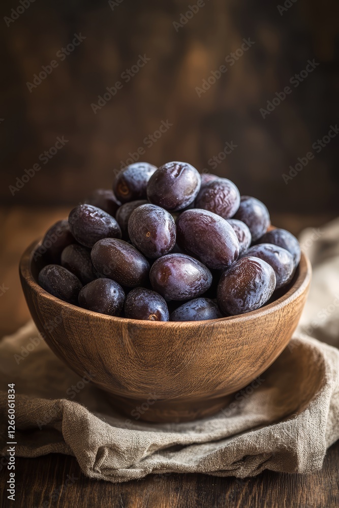 Obraz premium Photorealistic bowl filled with luscious, dark dates on rustic backdrop