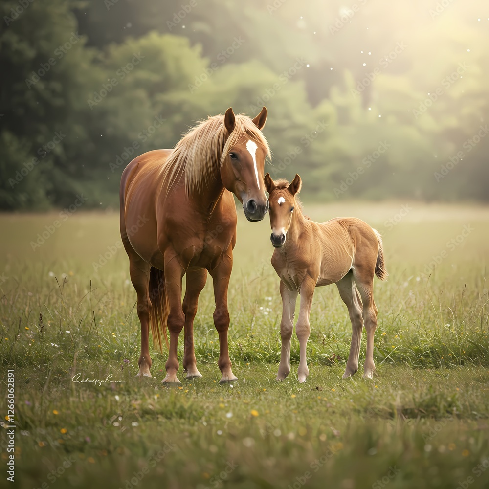 Adorable Baby Horse with Mother in Pasture – Heartwarming Bond Between Mare and Foal in Natural Setting Adorable Baby Horse with Mother in Pasture – Heartwarming Bond Between Mare and Foal in Natural Setting