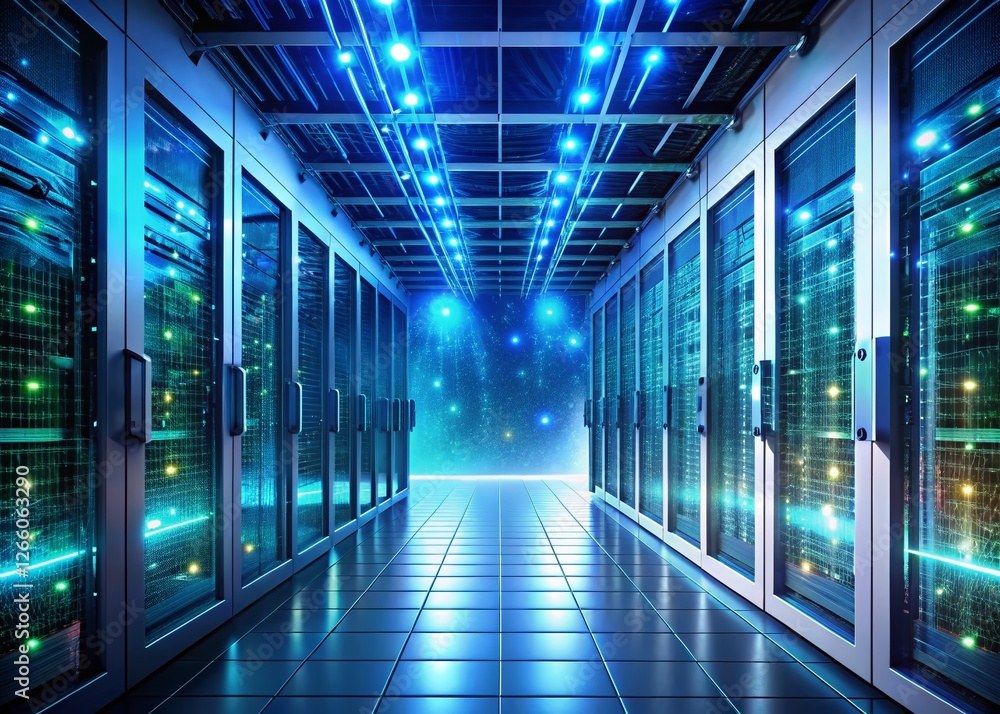 Fototapeta premium Secure Cloud Data Protection: Server Room with Advanced Cybersecurity Measures