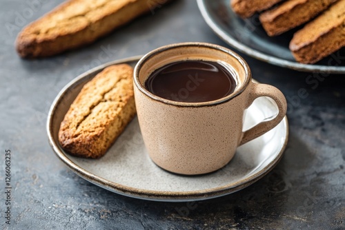 A small cup of rich, dark coffee beside a plate of biscotti