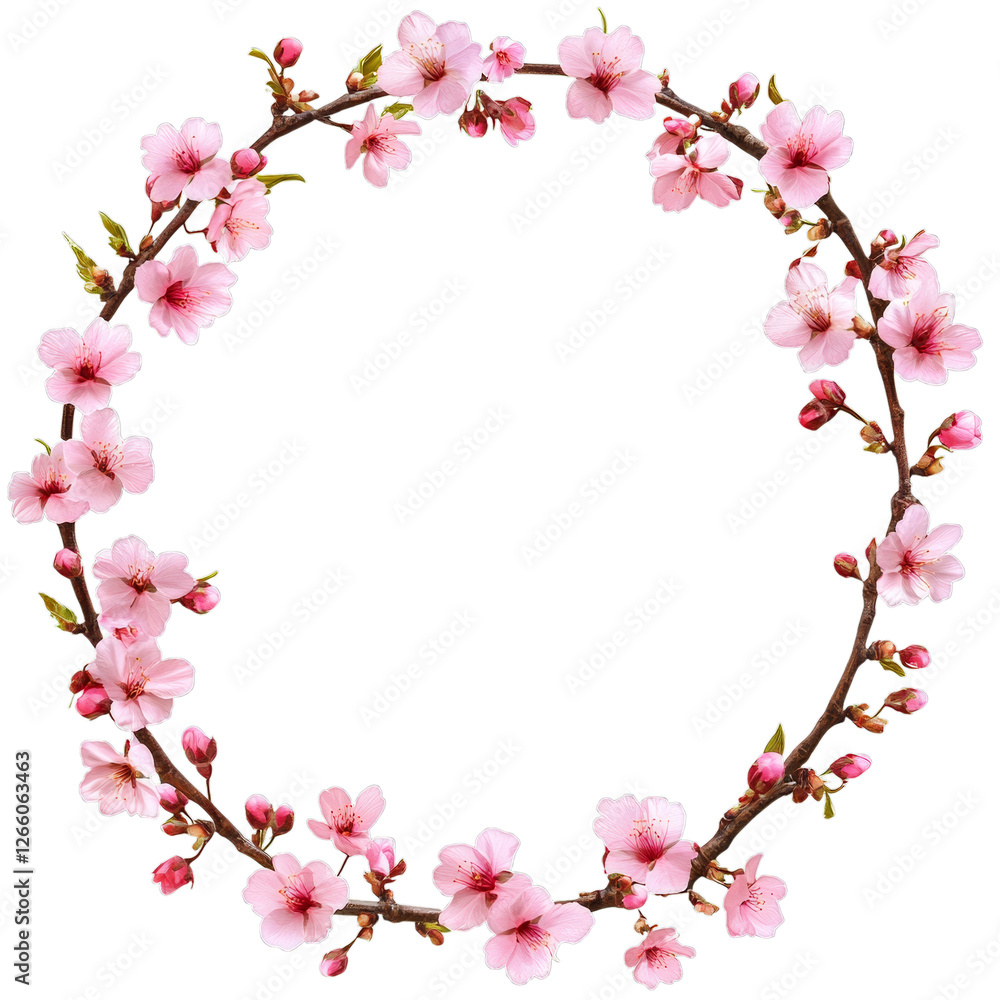 Beautiful round sakura blossom frame with delicate pink flowers isolated on transparent background for decoration Beautiful round sakura blossom frame with delicate pink flowers isolated on transparent background for decoration