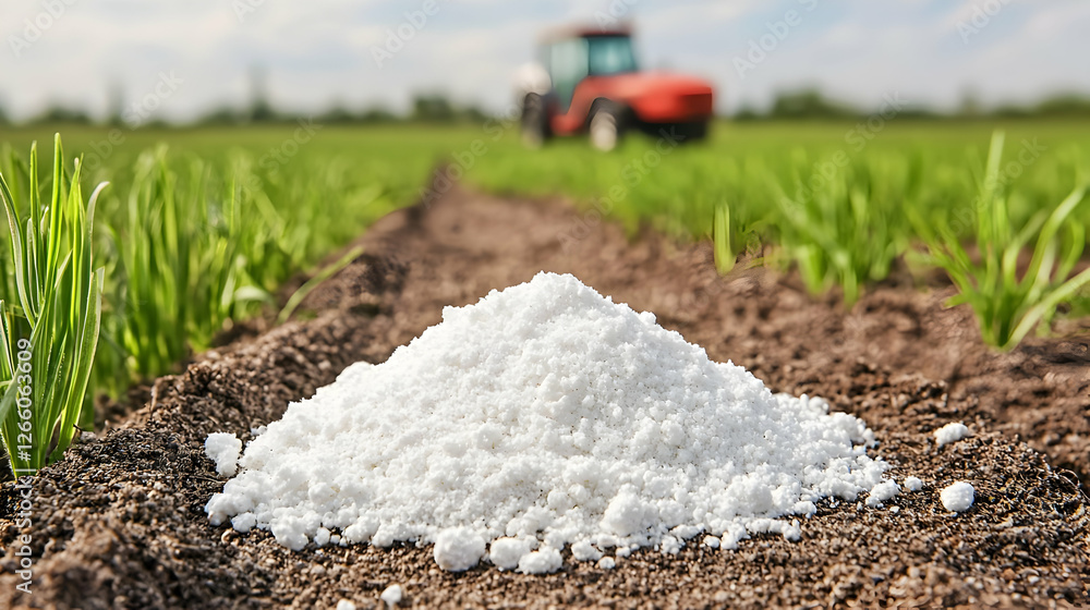 White fertilizer pile in green field with tractor. Possible stock photo use White fertilizer pile in green field with tractor. Possible stock photo use