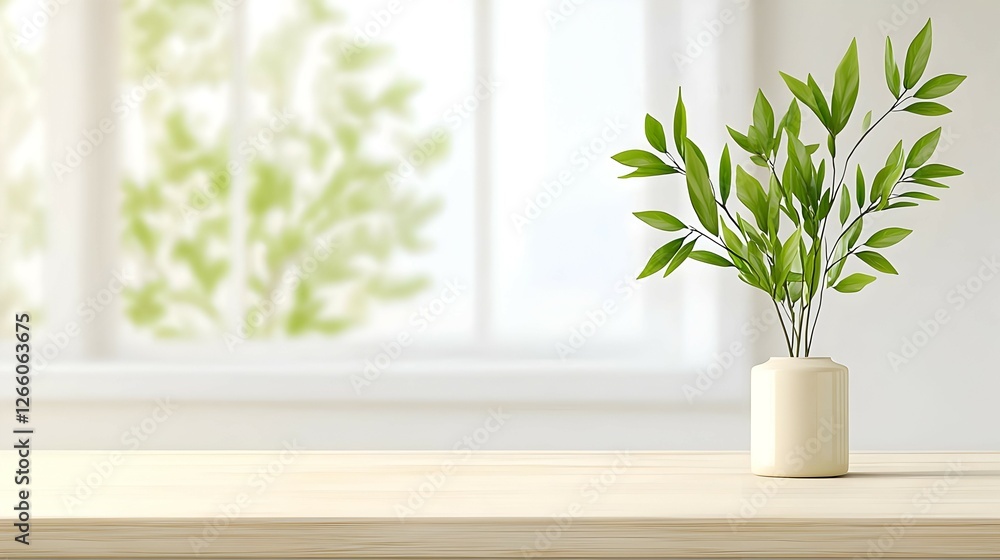 Fototapeta premium Green Plant In White Vase On Wooden Table By Window