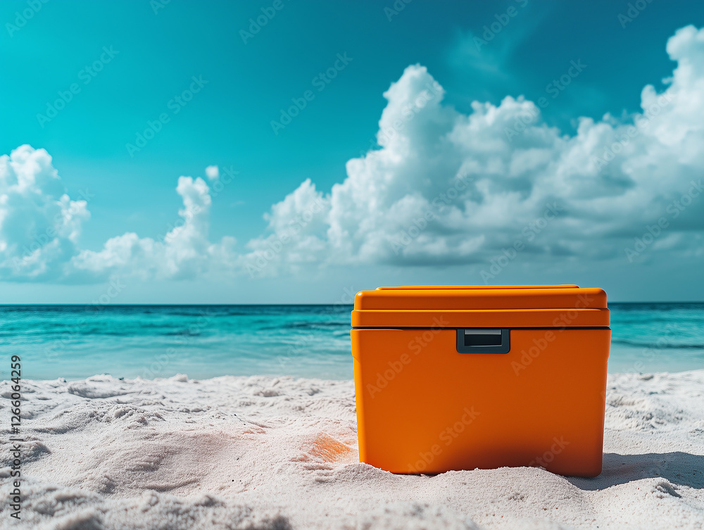 Bright orange cooler sits on sandy beach under a clear blue sky and fluffy white clouds Bright orange cooler sits on sandy beach under a clear blue sky and fluffy white clouds