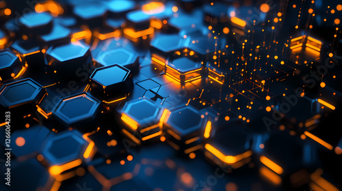 Sci-Fi Hexagon Structure with Blue and Orange Glow Effects