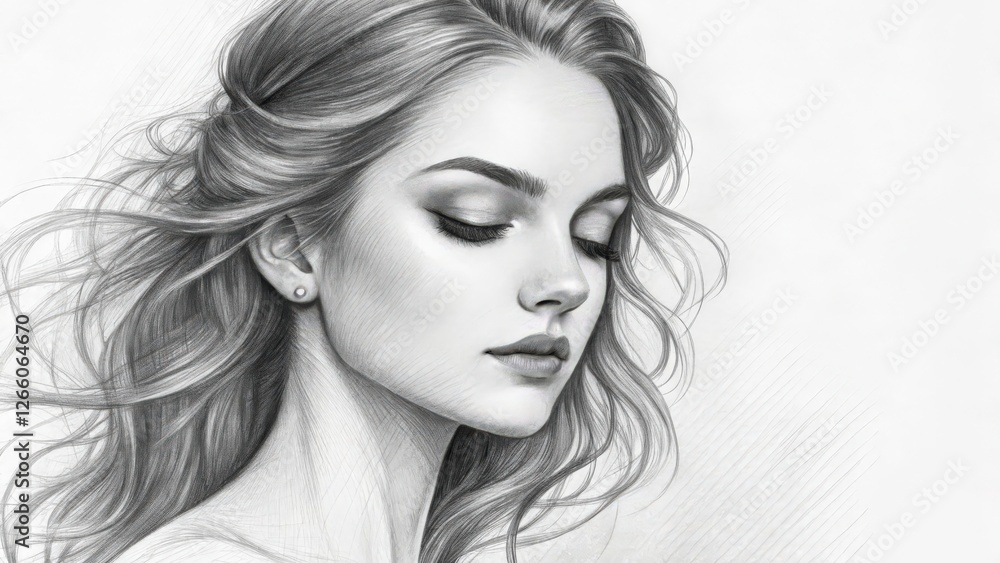 Pencil sketch of a serene woman with flowing hair. Her eyes are closed, suggesting a moment of peace and tranquility. Pencil sketch of a serene woman with flowing hair. Her eyes are closed, suggesting a moment of peace and tranquility.