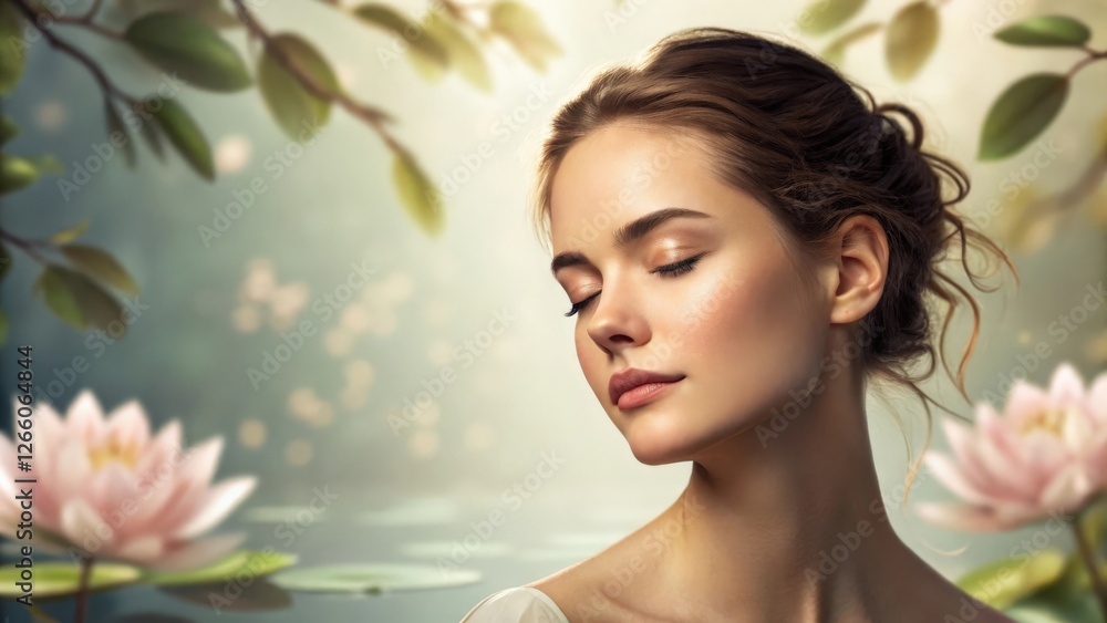 Serene woman with eyes closed, surrounded by water lilies and lush greenery Serene woman with eyes closed, surrounded by water lilies and lush greenery