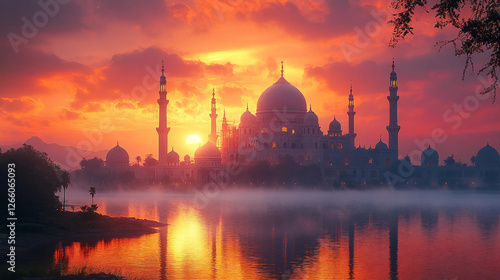 Sunrise Mosque Desert City Foggy MorningSunrise Mosque Desert City Foggy Morning