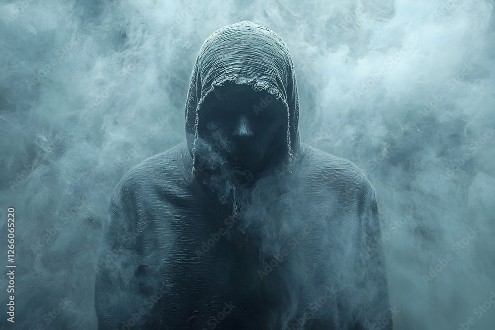 Fototapeta premium Mysterious hooded figure in smoky atmosphere