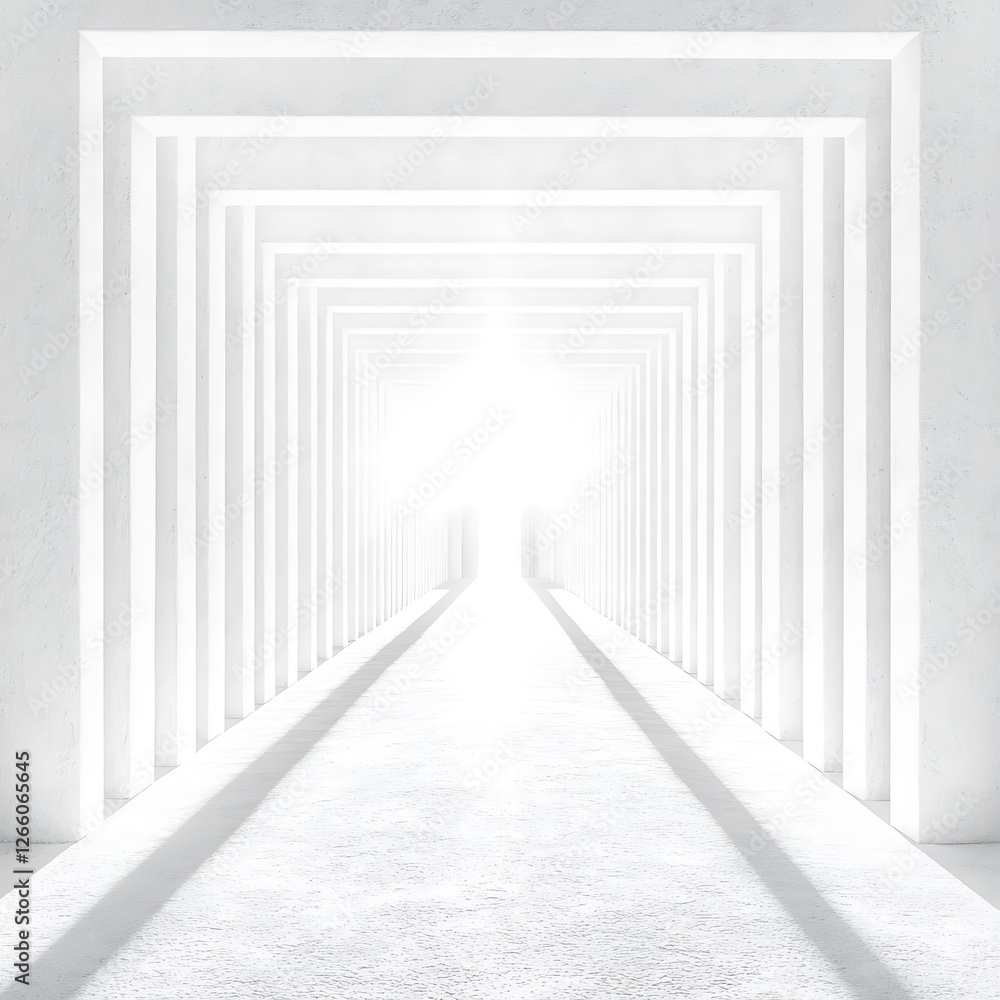 Fototapeta premium All-white corridor with repeating arches, leading to a bright, glowing light at the end.