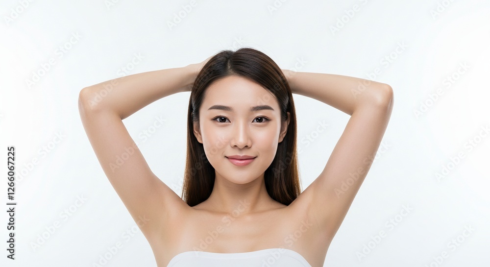 Asian Woman Posing with Hands Behind Head Against White Background Asian Woman Posing with Hands Behind Head Against White Background