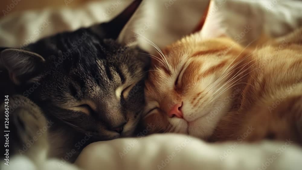Two adorable cats with peaceful expressions sleeping together on soft bedding. Close up view of feline companions cuddling. Concept of animal friendship, comfort and Valentine's Day love Two adorable cats with peaceful expressions sleeping together on soft bedding. Close up view of feline companions cuddling. Concept of animal friendship, comfort and Valentine's Day love