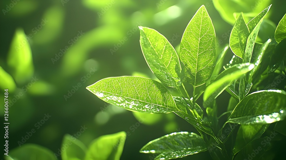 Close Up of Vibrant Green Leaves with Dew Drops in Sunlight Close Up of Vibrant Green Leaves with Dew Drops in Sunlight