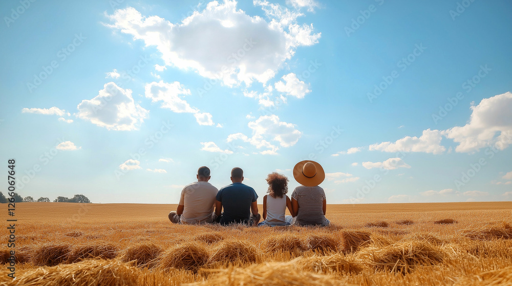 Group of friends enjoying a sunny day in a golden wheat field under blue skies. Generative AI Group of friends enjoying a sunny day in a golden wheat field under blue skies. Generative AI