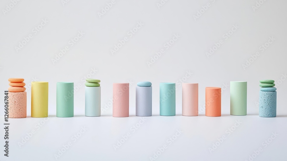 Colorful Pastel Cylinders and Macarons on White Background