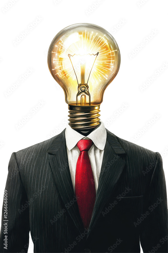 Isolated Striking Image of Lightbulb-Headed Man in Business Suit Isolated Striking Image of Lightbulb-Headed Man in Business Suit
