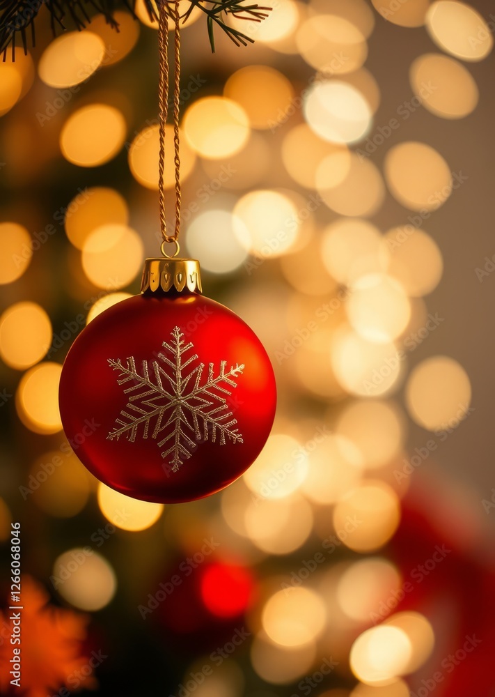 A single red christmas ornament hangs against a background of twinkling lights with a snowflake design and a golden string bokeh red bokeh abstract background glow design light texture effect sparkle A single red christmas ornament hangs against a background of twinkling lights with a snowflake design and a golden string bokeh red bokeh abstract background glow design light texture effect sparkle
