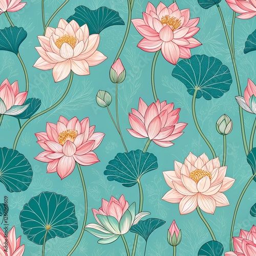 A seamless pattern with pichwai style lotus arranged in a tile-style repeat on a turquoise background. It can be used for printing on various surfaces like textiles and paper or digital work as well.
