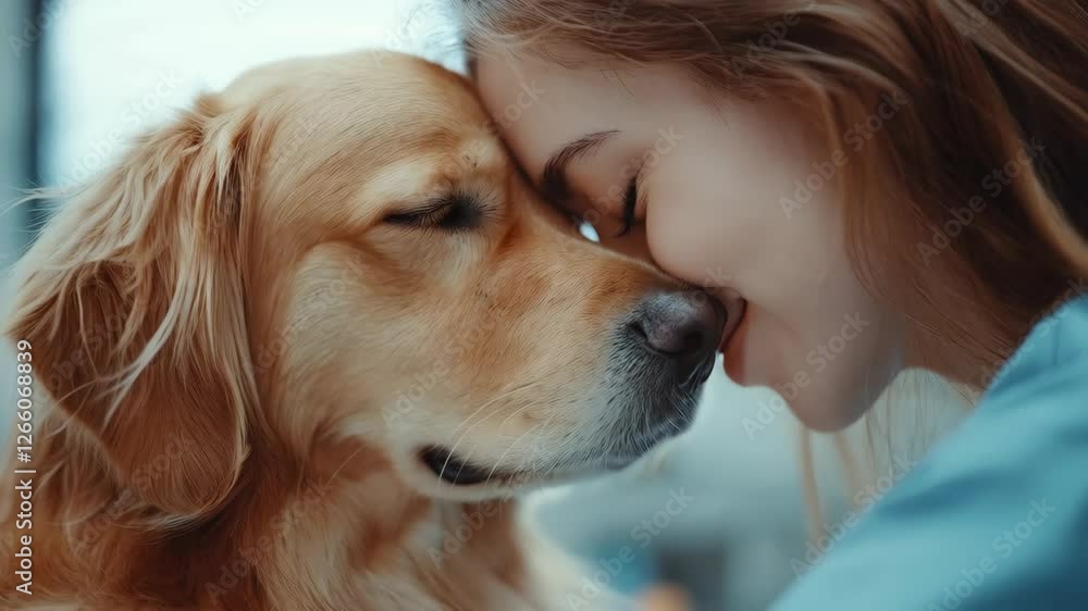 Caucasian woman veterinarian bonding with golden retriever patient. Close up of caring vet nuzzling dog during examination. Concept of veterinary care, animal welfare and professional compassion Caucasian woman veterinarian bonding with golden retriever patient. Close up of caring vet nuzzling dog during examination. Concept of veterinary care, animal welfare and professional compassion