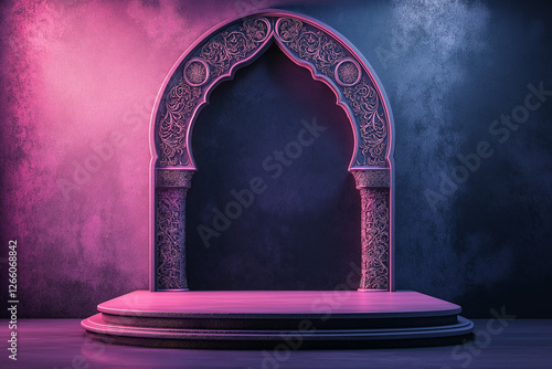 Ornate Islamic arch with intricate floral carvings in mystical pink and blue lighting, elegant Arabic architecture for spiritual Ramadan, Eid, and cultural celebrations photo