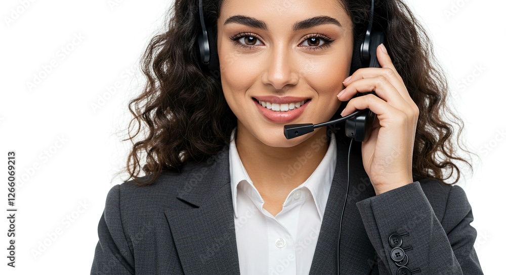 Smiling Woman Wearing Headset Ready to Assist with Customer Service Smiling Woman Wearing Headset Ready to Assist with Customer Service