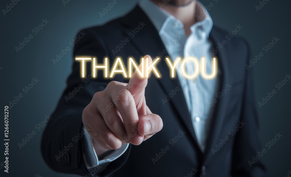 Businessman expressing gratitude with glowing text Thank You Businessman expressing gratitude with glowing text Thank You
