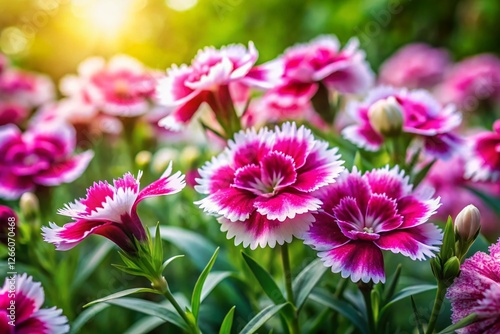 Serene Park Bloom: Vibrant Pink & White Dianthus Flowers in Soft Light