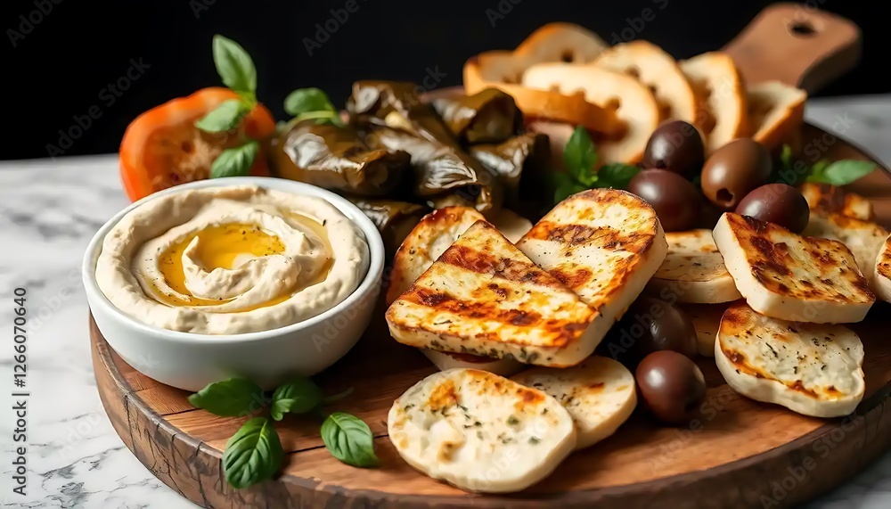 Delicious mezze platter with hummus dolmades halloumi and olives Delicious mezze platter with hummus dolmades halloumi and olives