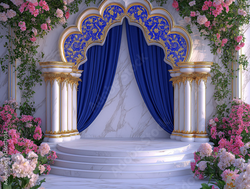 Royal Islamic arch with intricate gold and blue detailing, surrounded by marble pillars and pink floral decor, an elegant scene for Ramadan, Eid, and festive celebrations photo