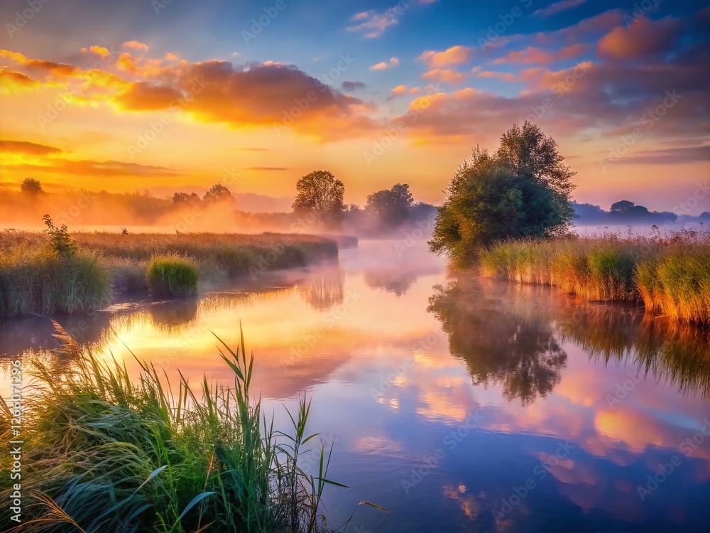 Serene River Reeds Foggy Dawn: Misty Water Scene Stock Photo Serene River Reeds Foggy Dawn: Misty Water Scene Stock Photo