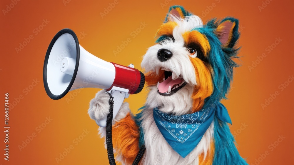Fototapeta premium Colorful dog with a megaphone promoting a fun message
