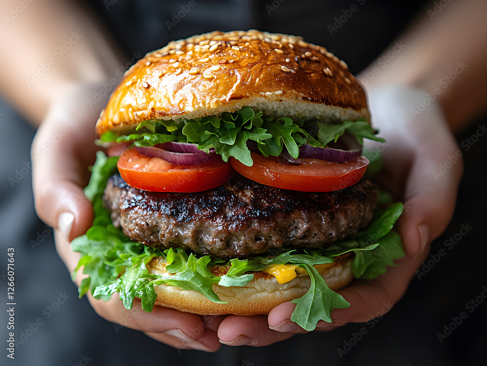 Freshly Prepared Burger Held by a Woman's Hands, Showcasing Layers of Lettuce, Tomato, and Melted Cheddar Cheese, Inviting and Delicious Freshly Prepared Burger Held by a Woman's Hands, Showcasing Layers of Lettuce, Tomato, and Melted Cheddar Cheese, Inviting and Delicious