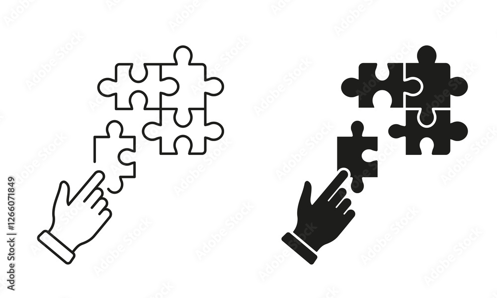 Jigsaw and Human Hand Line and Silhouette Icon Set. Puzzle Strategy Solution, Team Game Sign. Connect Parts of Puzzle Outline. Editable Stroke. Isolated Vector Illustration Jigsaw and Human Hand Line and Silhouette Icon Set. Puzzle Strategy Solution, Team Game Sign. Connect Parts of Puzzle Outline. Editable Stroke. Isolated Vector Illustration