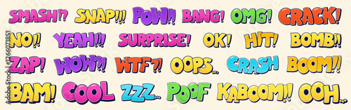 Group of Speech bubbles texts Smash Snap Pow Bang Omg Crack No Yeah Surprise Ok Hit Bomb Zap Wow Wtf Oops Crash Boom Bam Cool Zzz Poof Kaboom Oh. Color illustrations with halftone elements.