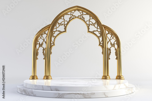 Luxurious golden Islamic arch with marble platform, elegant Arabic architectural design, traditional sacred space, perfect for Ramadan, Eid, religious celebration, and cultural heritage themes photo