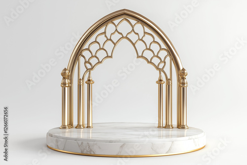 Luxurious golden Islamic arch with marble platform, elegant Arabic architectural design, traditional sacred space, perfect for Ramadan, Eid, religious celebration, and cultural heritage themes photo