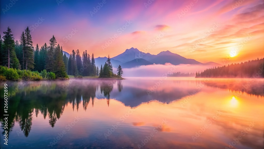 Fototapeta premium Serene Sunrise Mountain Lake: Minimalist Pink Mist Reflection Stock Photo