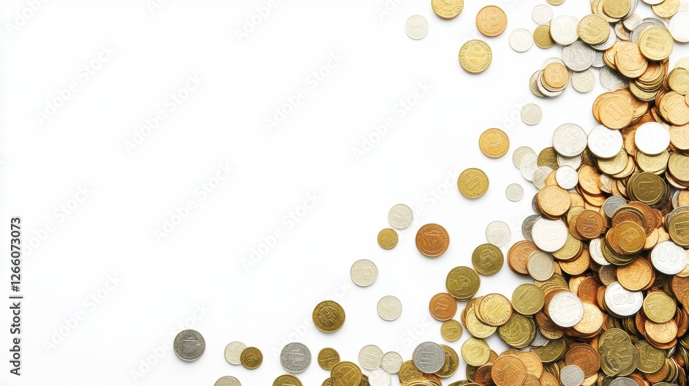 Coins scattered on a white background showcasing various denominations and materials in an organized yet casual layout. Generative AI Coins scattered on a white background showcasing various denominations and materials in an organized yet casual layout. Generative AI