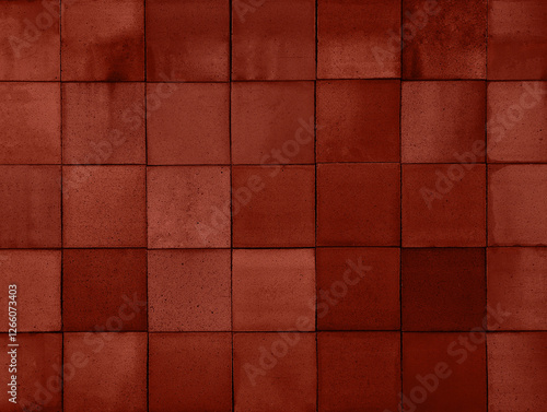 Dark reddish brown terracotta ceramic tiles cladding texture for interior, exterior, wall, dividing wall, facade, yard, floor. Natural handmade tinted square clay slabs background for outdoor. 