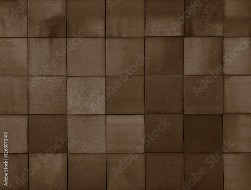 Dark mocca brown terracotta ceramic tiles cladding texture for interior, exterior wall, dividing wall, facade, yard, floor. Natural handmade grey tinted outdoor square clay slabs background.
