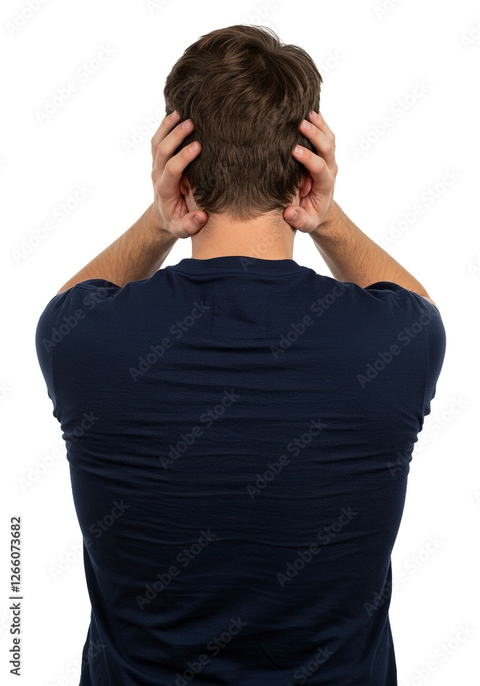 Man Holding Head in Hands Showing Frustration or Stress Back View Man Holding Head in Hands Showing Frustration or Stress Back View