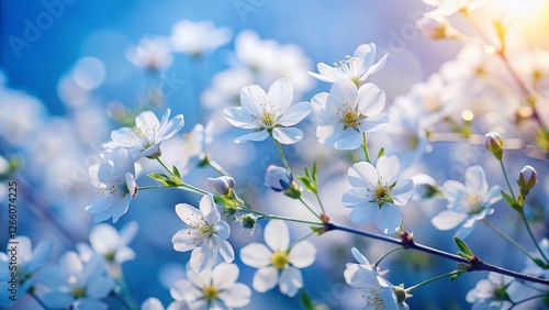 Serene White Blossoms Against Azure Sky: Spring Floral Background