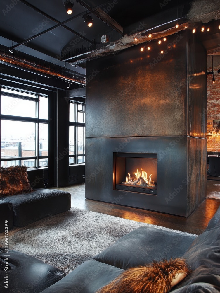 Sleek fireplace dominates a modern industrial living room space Sleek fireplace dominates a modern industrial living room space