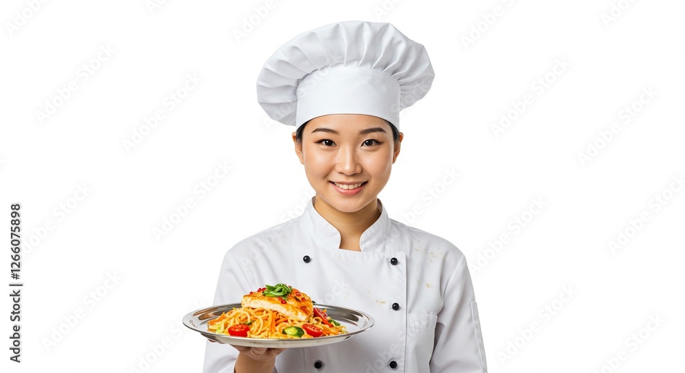 Asian Female Chef Presenting Pasta Dish with Chicken and Vegetables Asian Female Chef Presenting Pasta Dish with Chicken and Vegetables