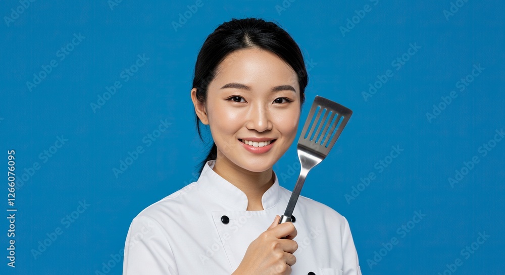 Smiling Chef Holding Spatula Ready to Cook Against Blue Background Smiling Chef Holding Spatula Ready to Cook Against Blue Background
