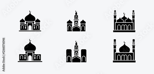 Islamic Mosque Icon Set – Minimalist Black and White Vector Silhouettes of Mosques with Crescent Moons and Minarets for Ramadan and Eid Designs
